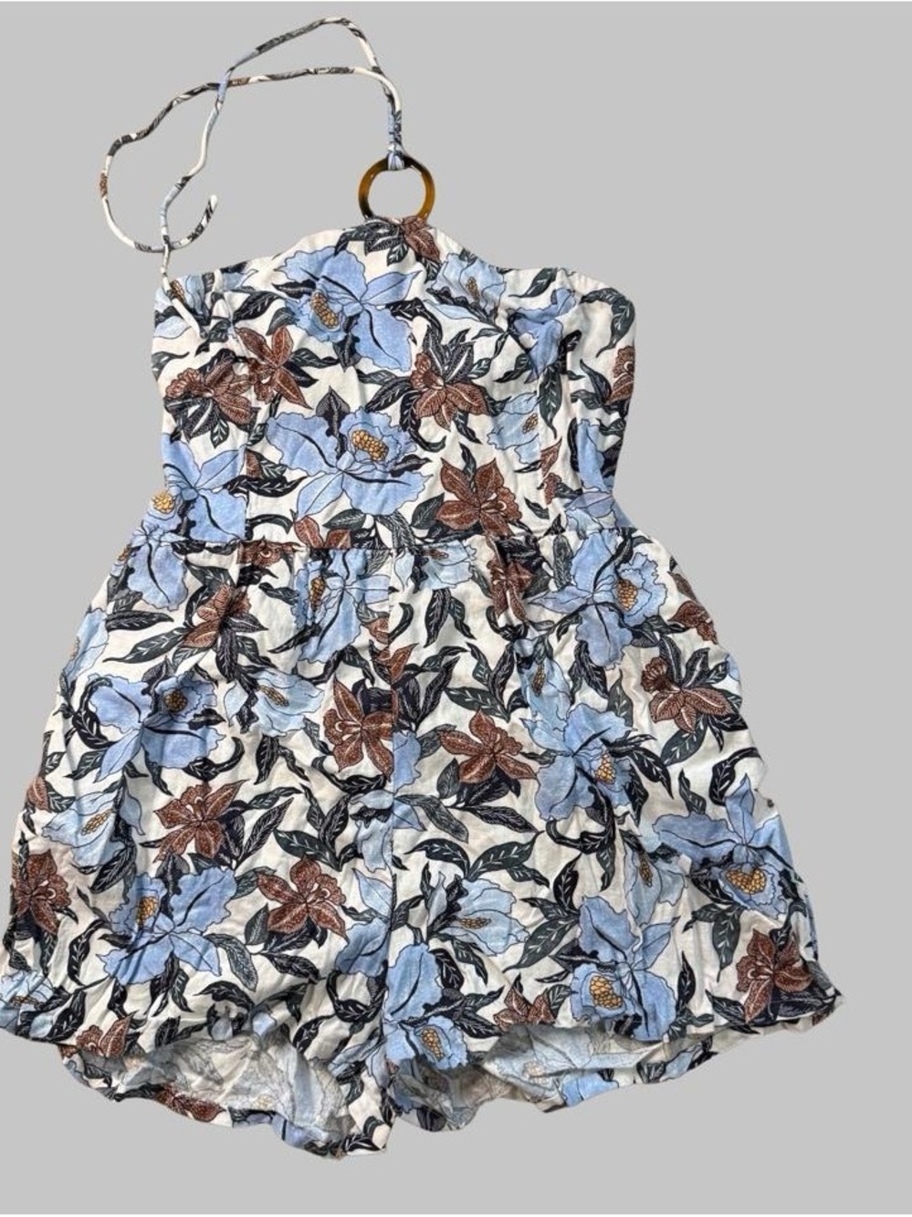 Old Navy Floral Smocked Halter Romper in White, Blue & Brown